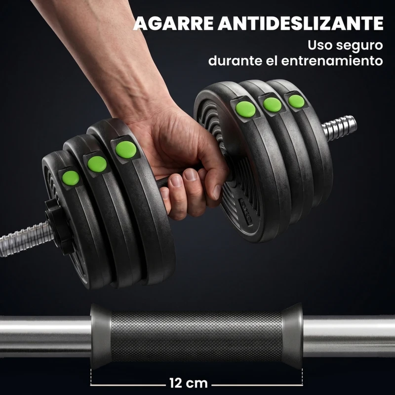 SPORTNOW Kit de Mancuernas 30kg 2 en 1 con Barra de Pesas Mango Antideslizante para Entrenamiento de Fuerza Negro Verde