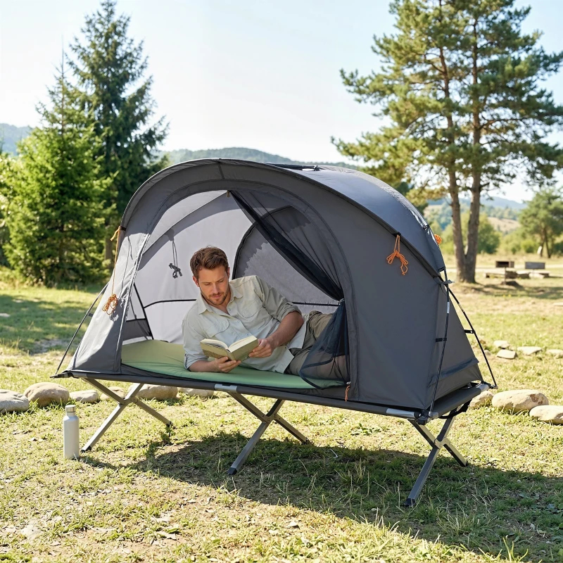 Outsunny Tienda de Campaña 3 en 1 con Cama Colchón Hinchable y Bolsa de Transporte para Senderismo 200x86x147 cm Gris