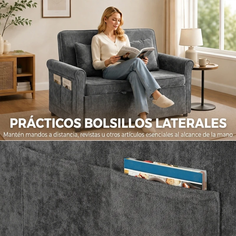 HOMCOM Sofá Cama 2 Plazas 3 en 1 con Respaldo Ajustable 5 Niveles Bolsillos Laterales 2 Almohadas para Sala de Estar Gris