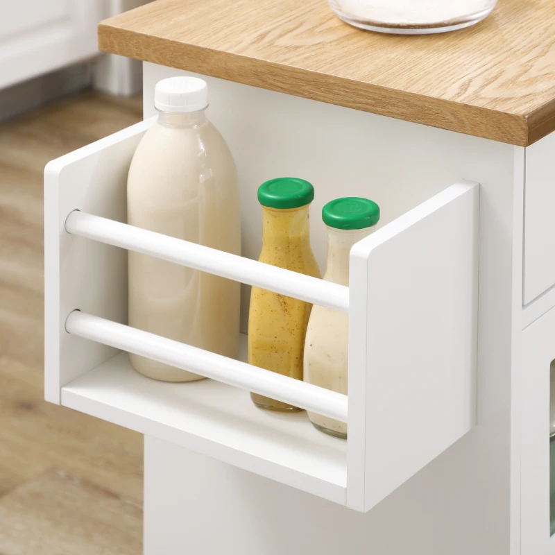 HOMCOM Carro de Cocina con Ruedas Isla de Cocina con 2 Cajones 3 Puertas de Vidrio Templado Toallero 124,5x39,5x90 cm Blanco