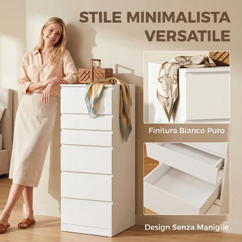 HOMCOM Cassettiera 6 Casetti per Camera da Letto con Specchio Ribaltabile, 40x48x110 cm, Bianco