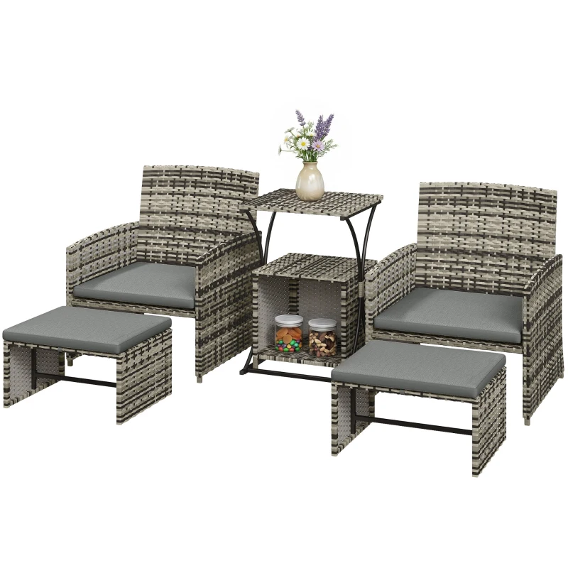 Outsunny 6 Piece Rattan Garden Furniture, Space-Saving Patio Furniture Set with Nesting Tables, Chairs, Stools, Cushions, Grey