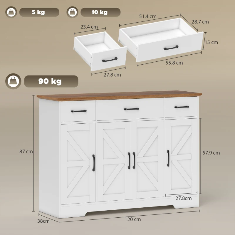 HOMCOM Bufet Bucătărie Rustic, Bufet cu Uși Soft-Close, 3 Sertare, 3 Rafturi Reglabile, Portaspecii, PAL, MDF, Alb