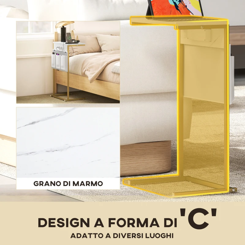 HOMCOM Tavolino da Salotto a Forma di C Effetto Marmo con Prese di Corrente e USB Integrate, Bianco