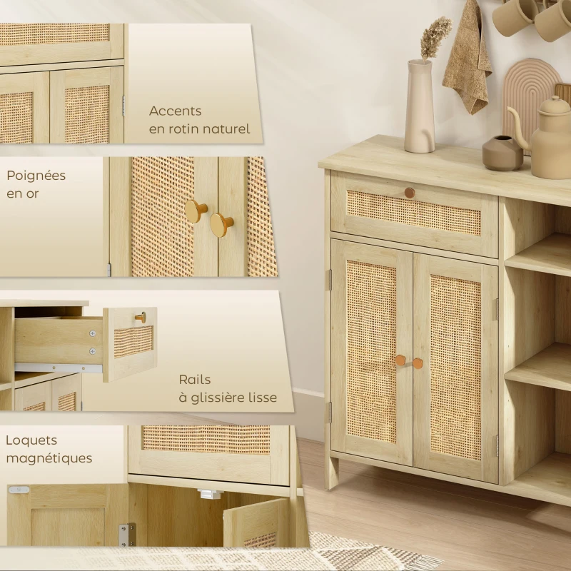 HOMCOM Buffet, meuble de rangement, 2 portes en rotin, tiroir, niches ouvertes, étagères réglables, 75x30x79,5cm, bois naturel