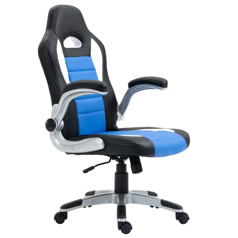HOMCOM Racing Gaming Chair PU Leather Office Chair Executive Computer Desk Chair with Adjustable Height, Flip Up Armrest, Swivel Wheels, Blue