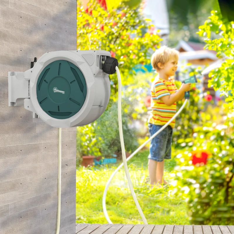 Outsunny Retractable Hose Reel Wall Mounted, 30+2m Garden Hose Pipe Reel with Lock, Auto Rewind, 7 in 1 Spray Nozzle, Includes Wall Fixings, 180° Swivel, Outdoor Watering, 59 x 23 x 42 cm, Grey