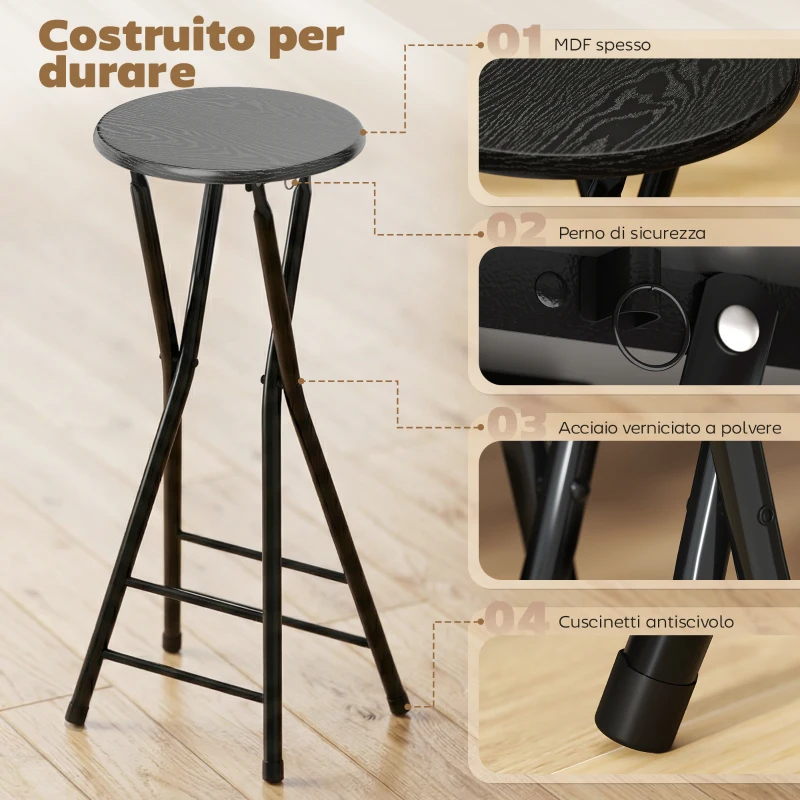 HOMCOM Set 4 Sgabelli Bar Pieghevoli con Doppio Poggiapiedi, in Legno e Acciaio, 34x30x70 cm, Nero