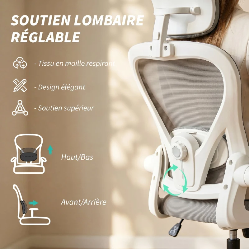 HOMCOM Chaise de Bureau Ergonomique, Fauteuil de Bureau en Maille avec Appui-Tête et Soutien Lombaire Réglables, Gris