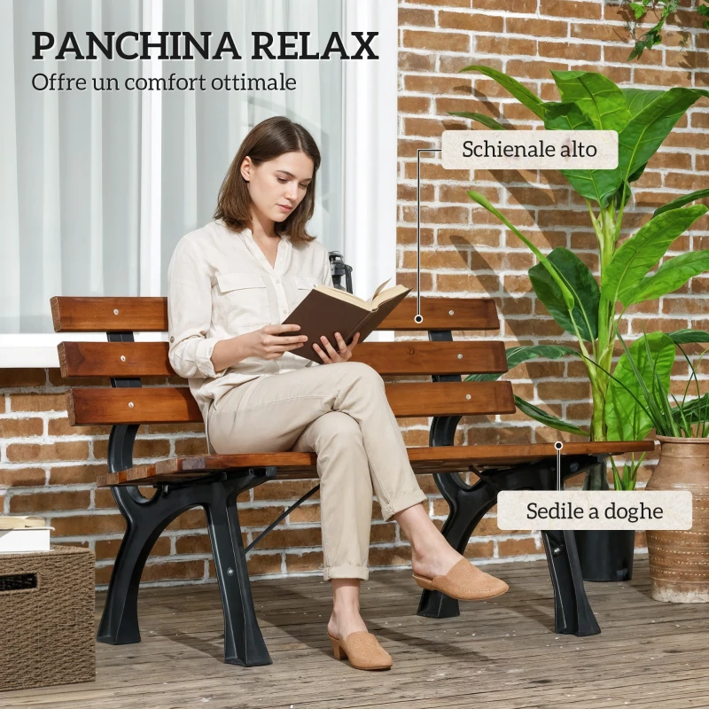 Outsunny Panchina da Giardino 2 Posti a Doghe in Ghisa e Legno di Abete, 120x57x70 cm, Caffè