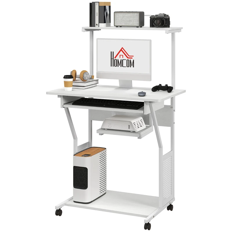 HOMCOM Bureau d'ordinateur roulant avec étagères de rangement, poste de travail et plateau pour clavier, 80x50x130cm, blanc
