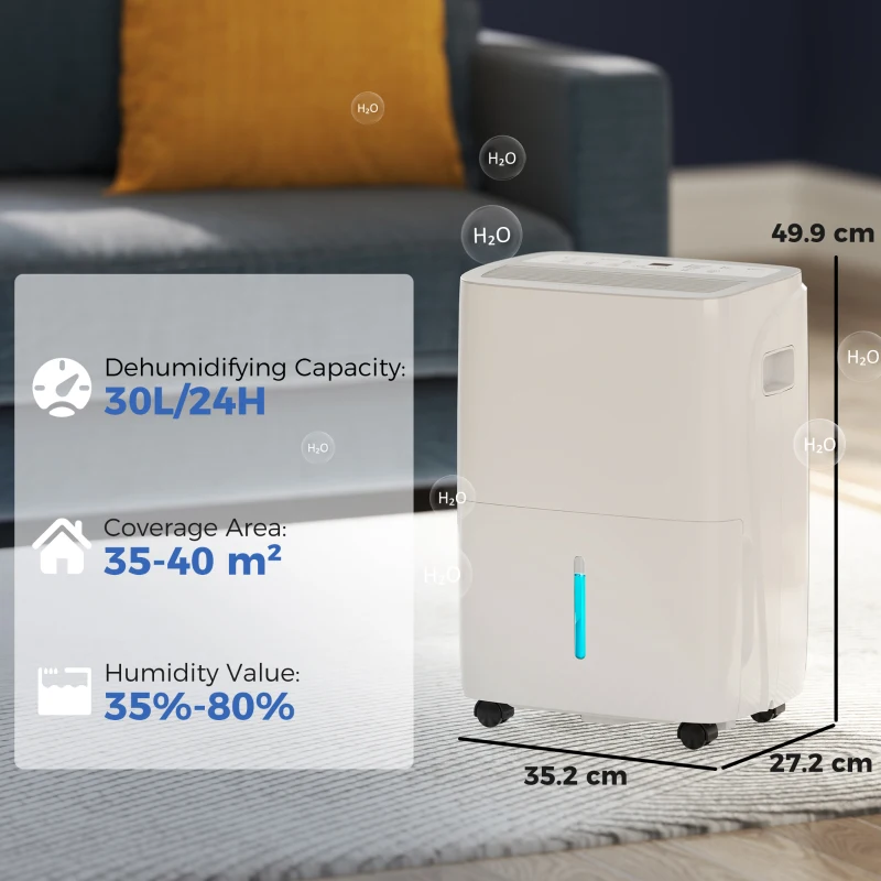 HOMCOM 30L/Day Dehumidifier with Auto-Clean Filter, Continuous Drainage, 4L Water Tank, 24H Timer, Digital Humidity Display, Dehumidifier for Home Damp, Bedroom, Condensation, Mould, Laundry Drying