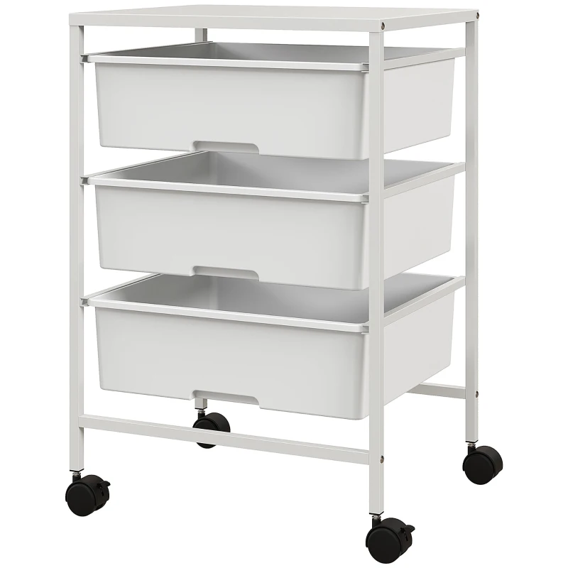 HOMCOM Carrito Auxiliar con Ruedas con 3 Cestas para Almacenamiento y Marco de Acero para Cocina Baño 40,8x33,5x60,5 cm Blanco