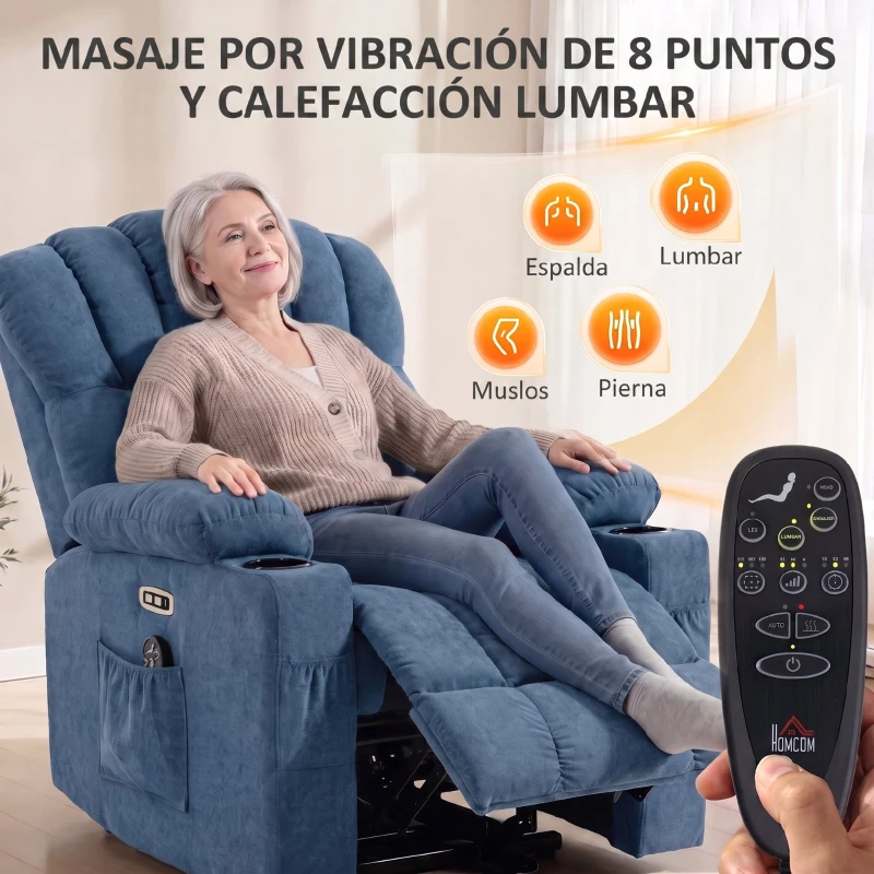 HOMCOM Sillón Relax Reclinable Eléctrico Levanta Personas Masaje Vibratorio y Calor Asiento Ancho USB-C USB-A Bolsillos Azul