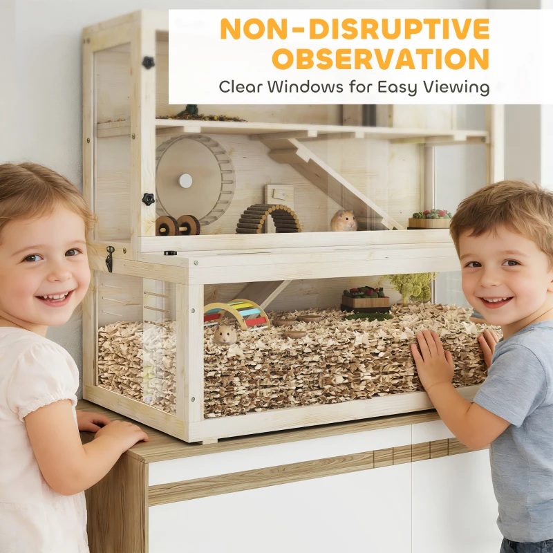 PawHut Wooden Hamster Cage with Hut, Wheel, Ramps, Removable Viewing Panels, 100 x 50 x 84 cm, Natural Wood