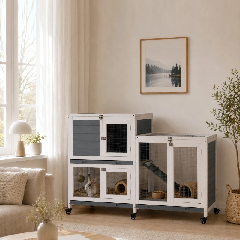 PawHut Clapier intérieur bois avec roulettes 2 étages rampes - dim. 147L x 45,5l x 88,5H cm - gris et blanc