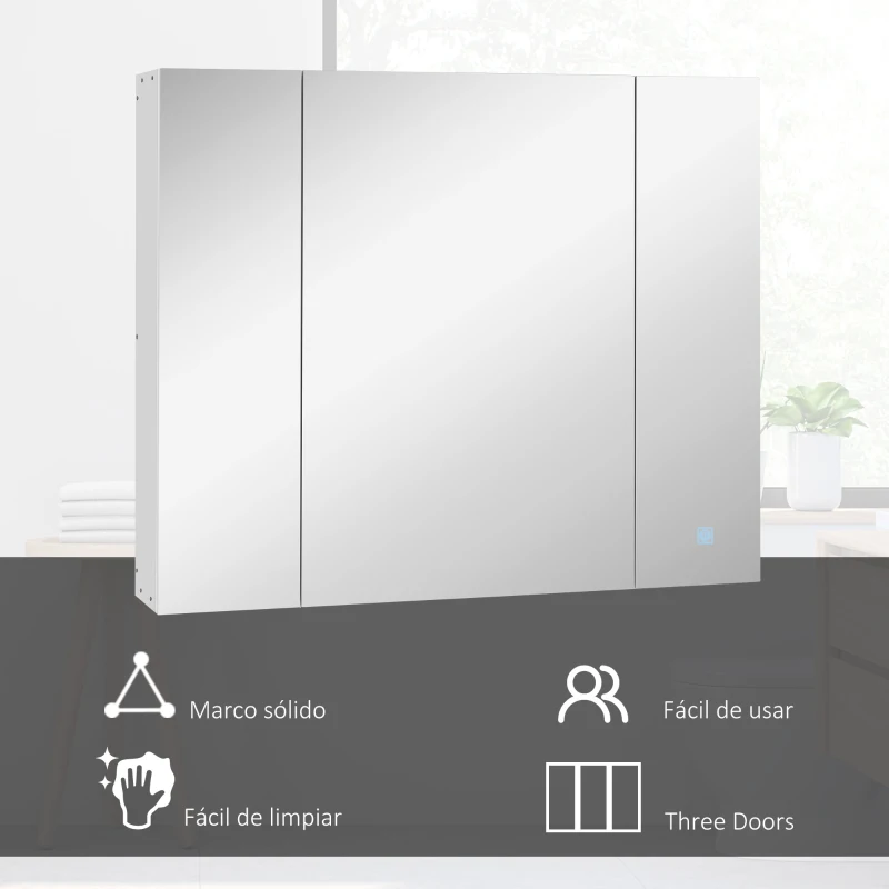 kleankin Armario de Baño con Espejo Luces LED Estantes Ajustables y USB Estilo Moderno 90x15x75 cm Blanco