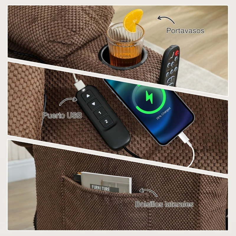 HOMCOM Sillón Relax Reclinable Eléctrico Calor Lumbar Masaje Vibración Motor Silencioso Función Memoria Bolsillos USB Marrón
