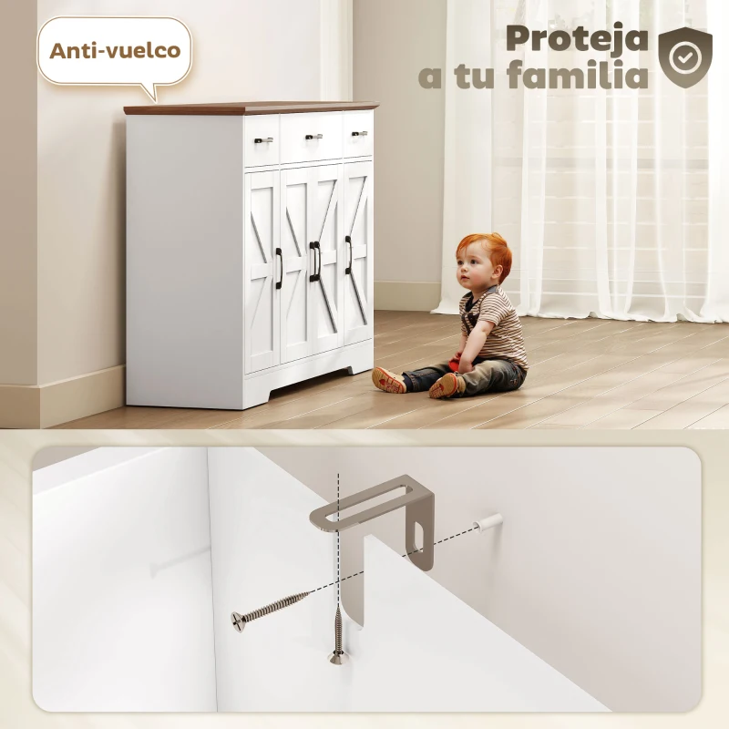 HOMCOM Aparador de Cocina Rústico 4 Estantes de Puerta Estantes Ajustables 3 Cajones 120x38x87 cm Blanco y Nogal