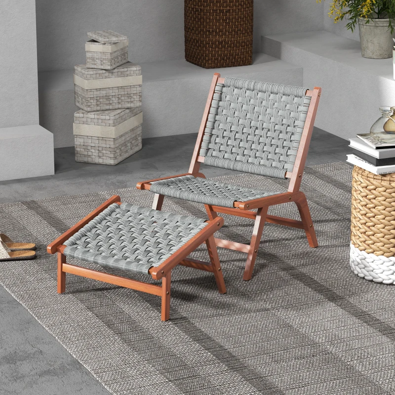 Outsunny Fauteuil de jardin avec repose-pieds - chaise relax en bois d'acacia et corde résine tressée - naturel, gris