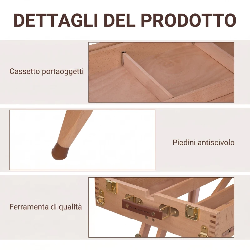 HOMCOM Cavalletto Treppiede con Cassetto, Tavolozza e Tracolla ad Altezza Regolabile, in Legno di Faggio, Color Legno