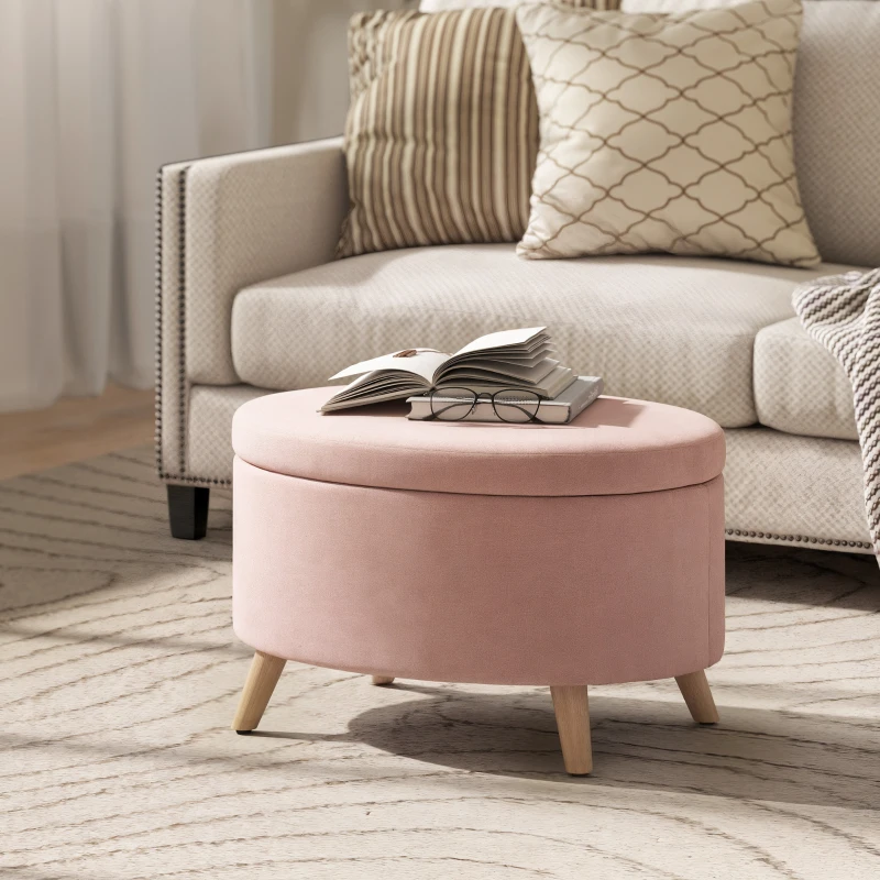 HOMCOM Puff Almacenaje Ovalado Banco Almacenaje 71x51,5x42 cm Tapizado en Terciopelo con Patas de Madera Maciza Rosa Claro
