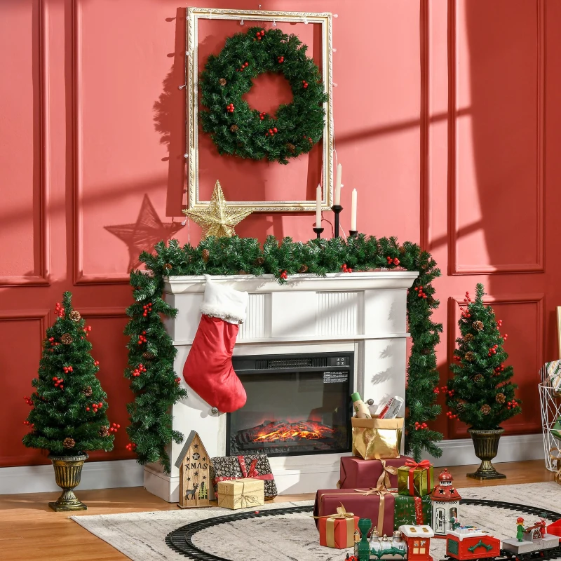 HOMCOM Decorazioni Natalizie, Set 4 Pezzi con 2 Alberelli di Natale Φ40x90 cm, Ghirlanda Natalizia e Corona di Natale