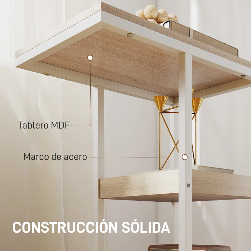 HOMCOM Mesa Auxiliar en Forma de C con Ruedas Estantes Abiertos y Marco de Acero para Salón Dormitorio 51x33x66cm Natural y Blanco