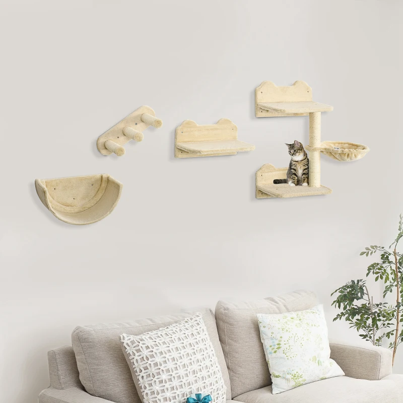 PawHut Juego de Escalada para Gatos de Pared Estantes para Gatos 4 Piezas Hamaca Nido Plataformas para Saltar Beige