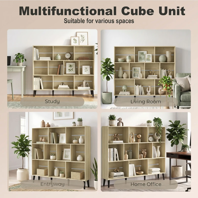 HOMCOM 10-Cube Bookcase, 3-Tier Book Shelf with Solid Wood Legs, 140 cm Modern Bookshelf with Anti-Tip Kit, Oak