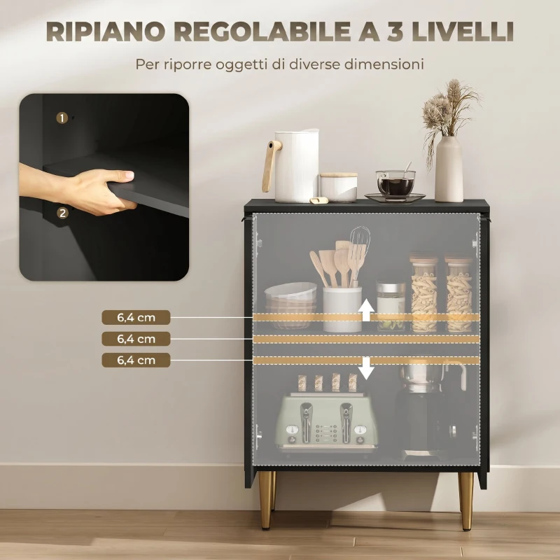 HOMCOM Credenza Moderna con 2 Ante e Ripiano Regolabile, Mobile Buffet per Cucina e Soggiorno con Gambe in Metallo, Nero