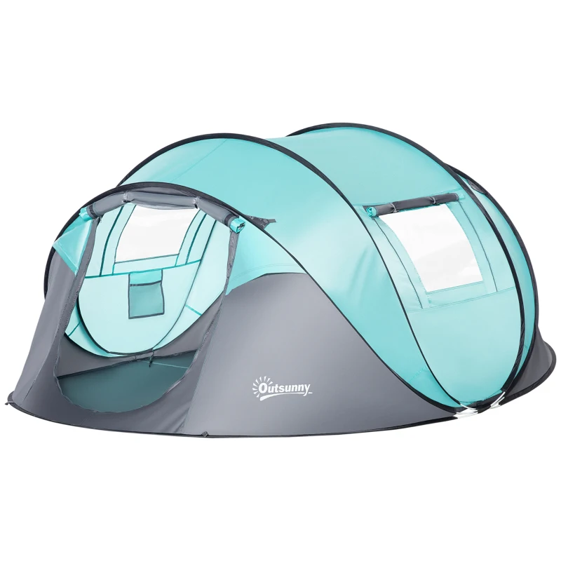 Outsunny Tente de camping pop-up pour 4 personnes tente dôme étanche légère ventilée facile à monter avec 2 fenêtres 2 portes sac de transport dim. 286L x 209l x 122H cm polyester bleu et gris clair