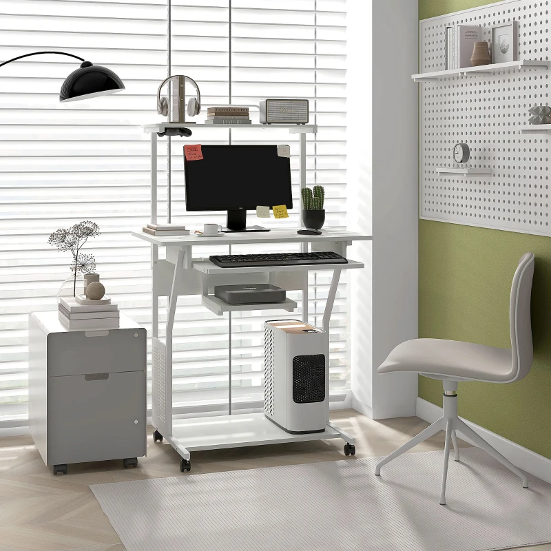 HOMCOM Bureau d'ordinateur roulant avec étagères de rangement, poste de travail et plateau pour clavier, 80x50x130cm, blanc