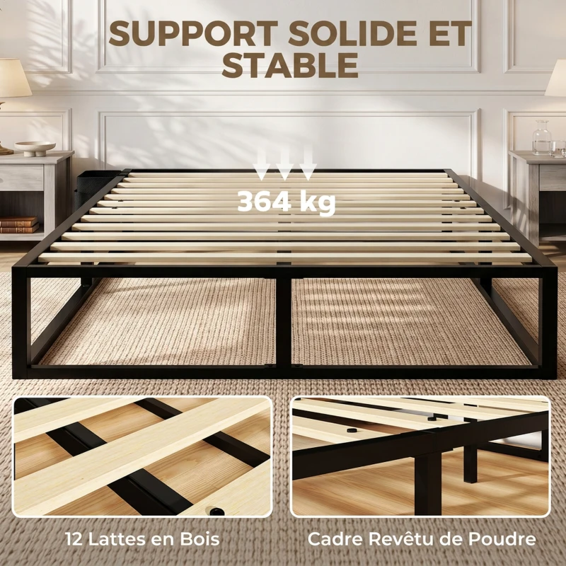 HOMCOM Cadre de Lit 140 x 190 cm avec Sommier, Lit Double avec Pochette de Rangement, Support à Lattes en Bois, Noir