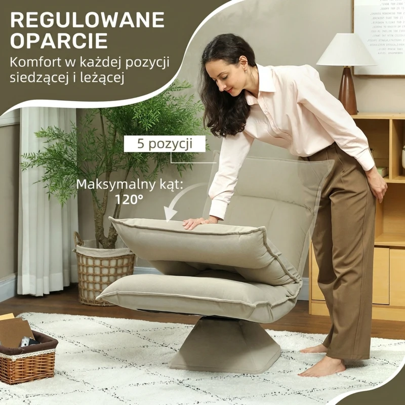 HOMCOM Krzesło podłogowe obrotowe o 360° z 5-stopniową regulacją oparcia, składane sofa podłogowa, krzesło medytacyjne, tapicerowane leniwe sofa do salonu, gier i czytania, kolor beżowy