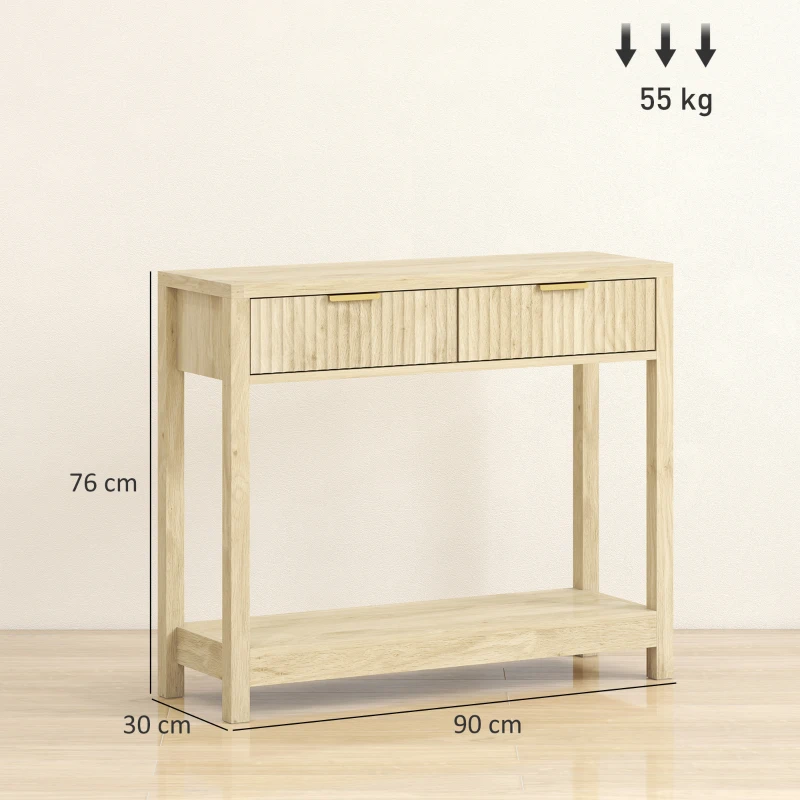 HOMCOM Console meuble 90 cm, table console étroite avec 2 tiroirs rainurés et étagère, style moderne, bois naturel