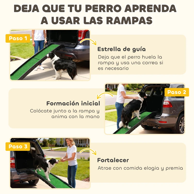 PawHut Rampa para Perros con Césped Artificial 155 cm Rampa para Perros para Coche Plegable con Asa Ángulo Ajustable Verde