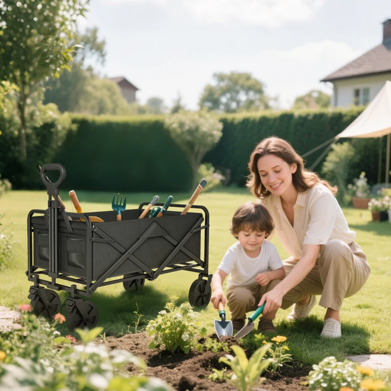 Outsunny Folding Steel Frame Garden Storage Cart, with Wheels and Handle - Black