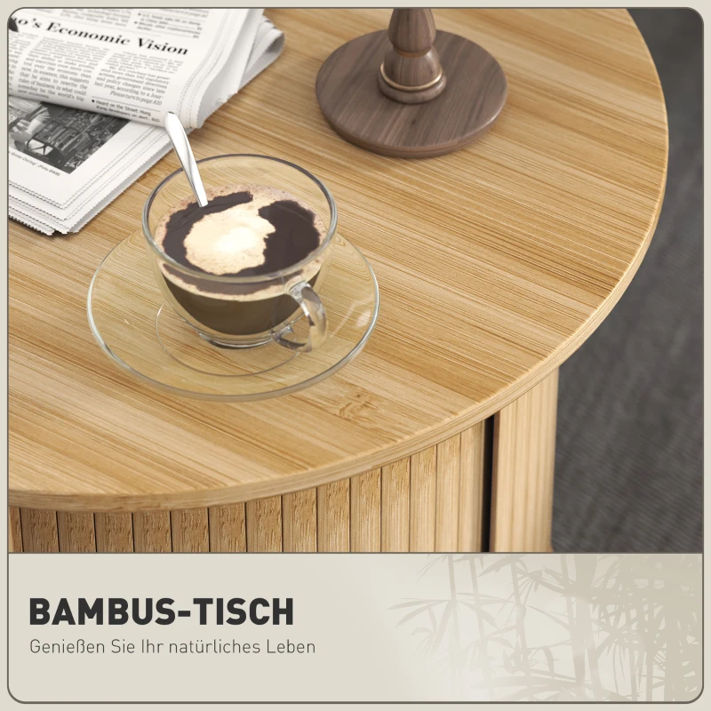 HOMCOM Bijzettafel, rond, met opbergruimte, schuifdeur, bamboe, Ф60 x 45 cm, tot 20 kg belastbaar