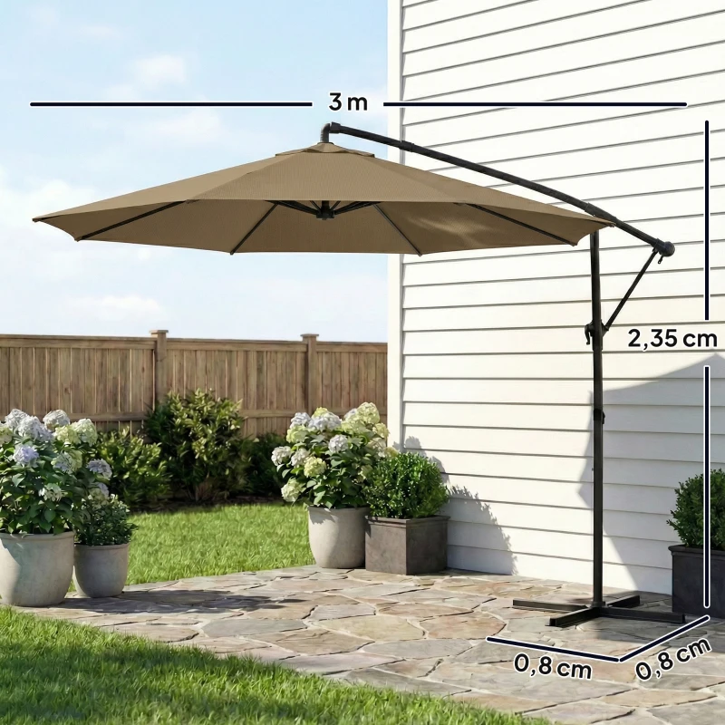Outsunny Parasol déporté rond 3 m, parasol de jardin inclinable avec housse de protection, polyester protection UV UPF50+, kaki