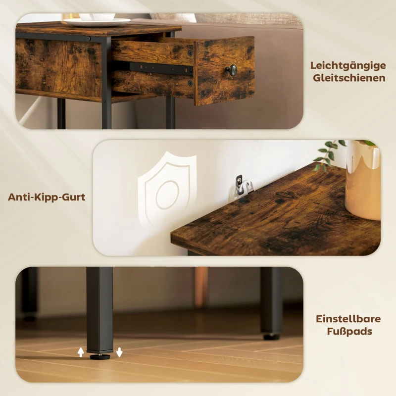 HOMCOM Bijzettafel met open vak en lade, nachttafel, metalen poten, hout, bruin