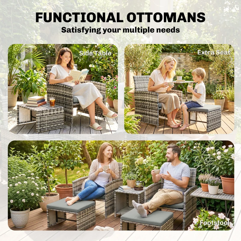 Outsunny 6 Piece Rattan Garden Furniture, Space-Saving Patio Furniture Set with Nesting Tables, Chairs, Stools, Cushions, Grey
