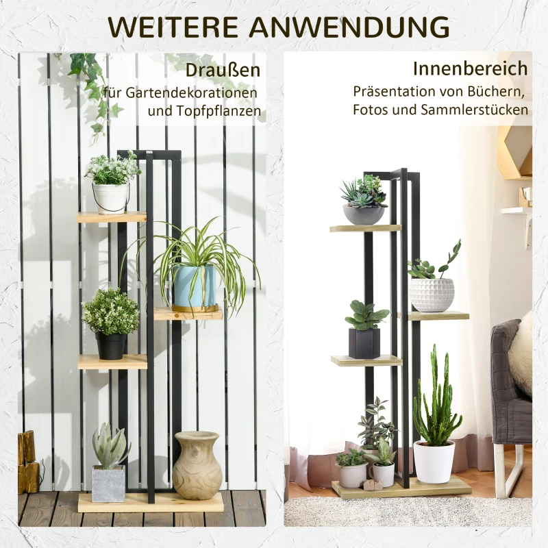 Outsunny 4-Laags Verstelbare Plantenstandaard, 110 cm Hoog Bloemenrek voor Binnen en Buiten van Hout Zwart+Natuurhout