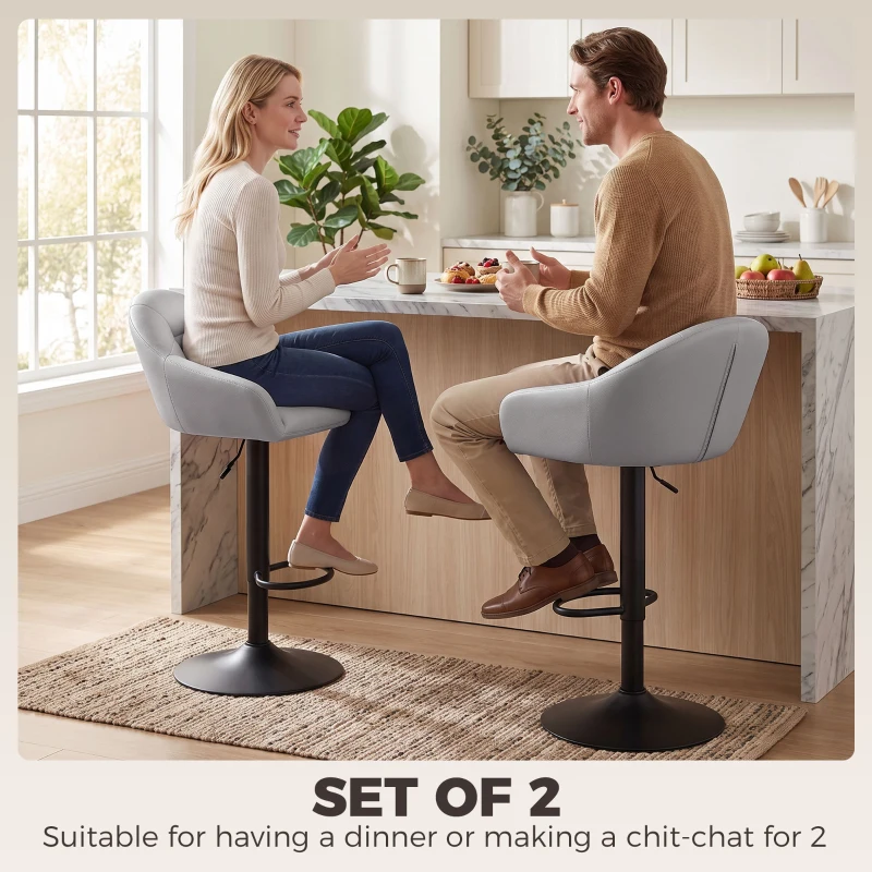 HOMCOM Bar Stools Adjustable Heights Breakfast Bar Stools Backrest Armrests Set of 2 with Rubber Ring Metal Base, Grey