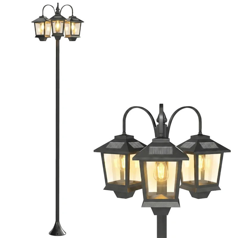 Outsunny Lampadaire extérieur solaire à 3 têtes, lampadaire jardin, éclairage LED, capteur automatique crépuscule à l'aube, noir