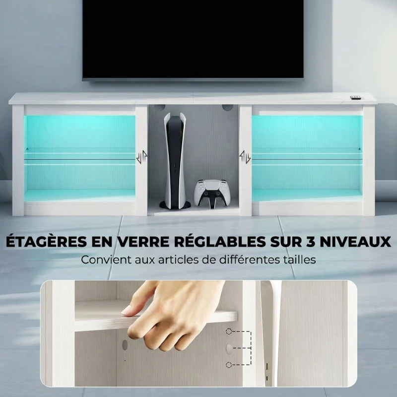 HOMCOM Meuble TV avec éclairage LED pour télévision jusqu'à 70 pouces, 160cm avec étagères en verre réglables, blanc
