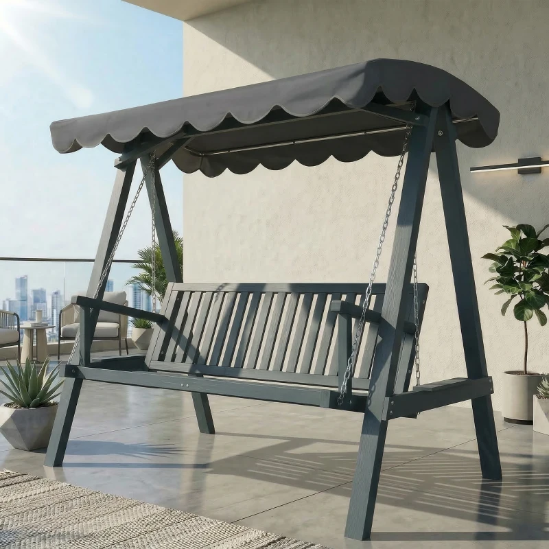 Outsunny 3 Seater Garden Swing Seat with Canopy, Wooden Swing Chair, Outdoor Hammock Bench for Balcony Patio Porch, Grey
