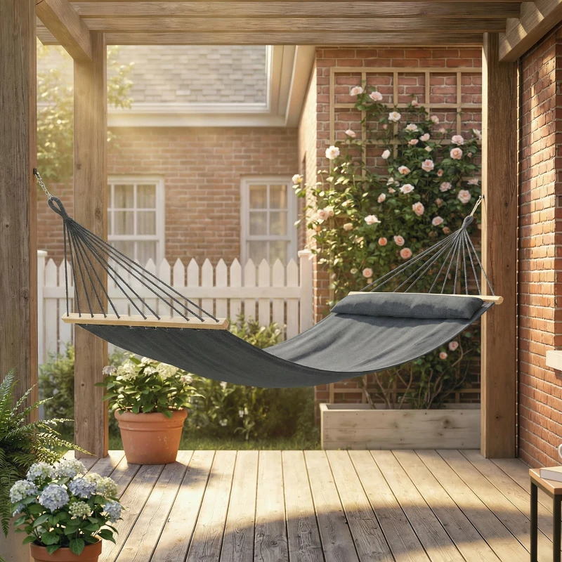 Outsunny Cotton Hammock, Soft Portable Swing Sleeping w/ Headrest & Side Pocket, Dark Grey