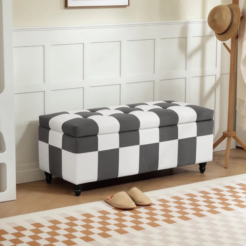 HOMCOM Storage Ottoman, Storage Bench with Wood Legs, Footstool, Footrest with Velvet Surface for Bedroom, Hallway, Living Room, 114 x 47 x 47 cm, Dark Grey and White