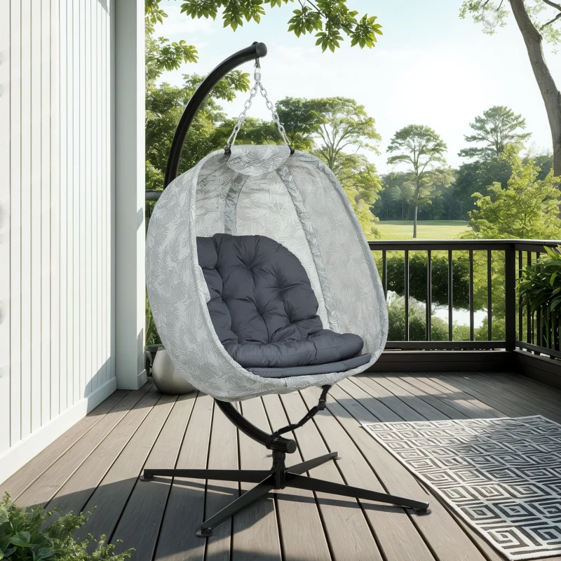 Outsunny Eivormige Hangstoel voor Buiten, Hangschommel met Standaard, Zitkussens Indoor Outdoor